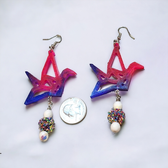 Ombre Pink,Purple and Blue/Origami Crane Dangle Earrings - Picture 4 of 4